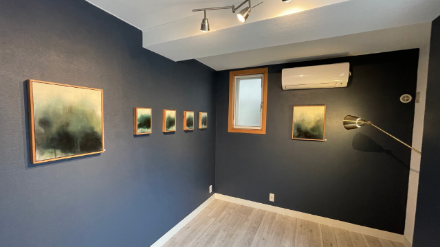 Spring Healing exhibition view with abstract landscape paintings by Sonja Kanno